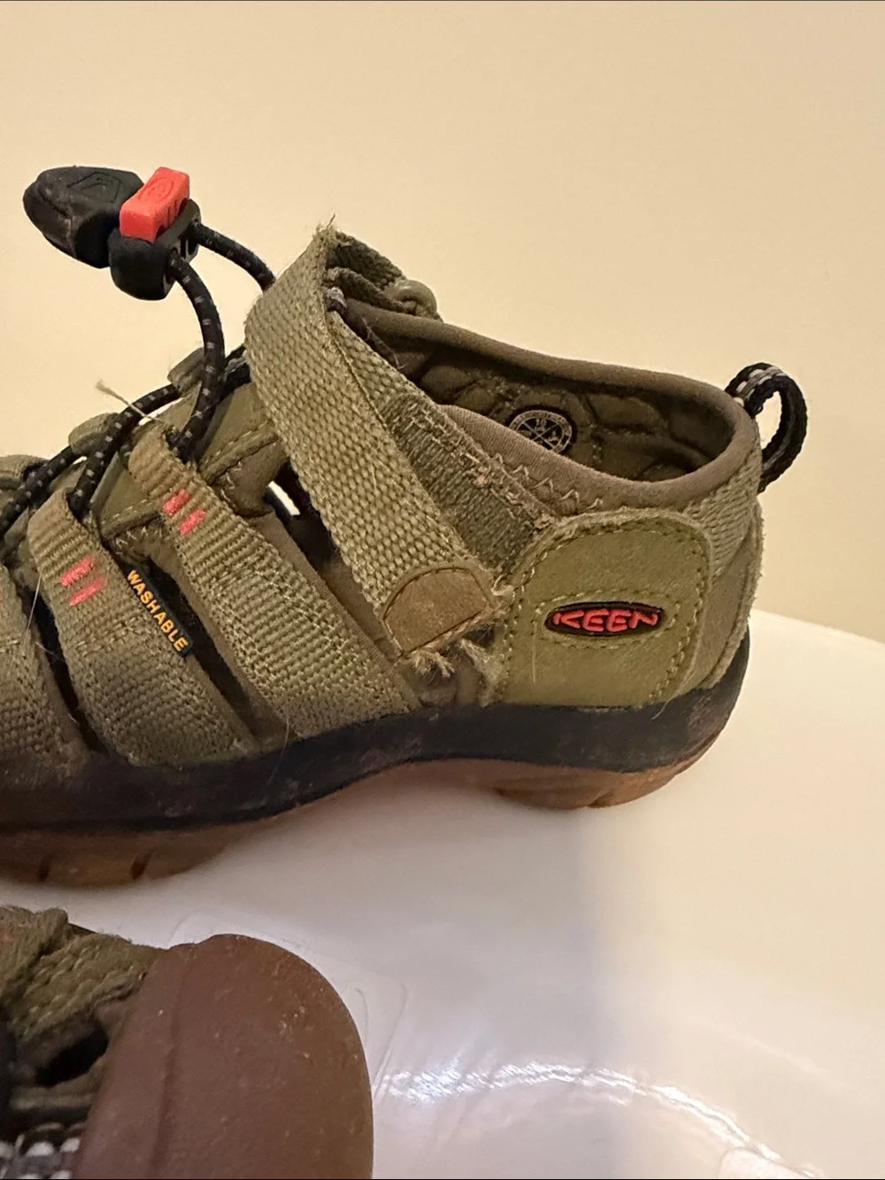 Keen Olive Green and Brown Kids Outdoor Sandals with Red Accents